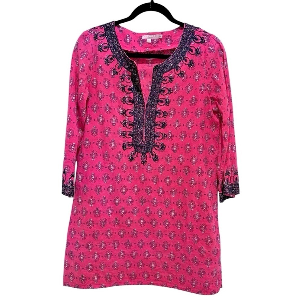 Calypso St Barth Mini Tunic Dress Cotton Size XS Embroidered Sparkle Coverup - Picture 2 of 5